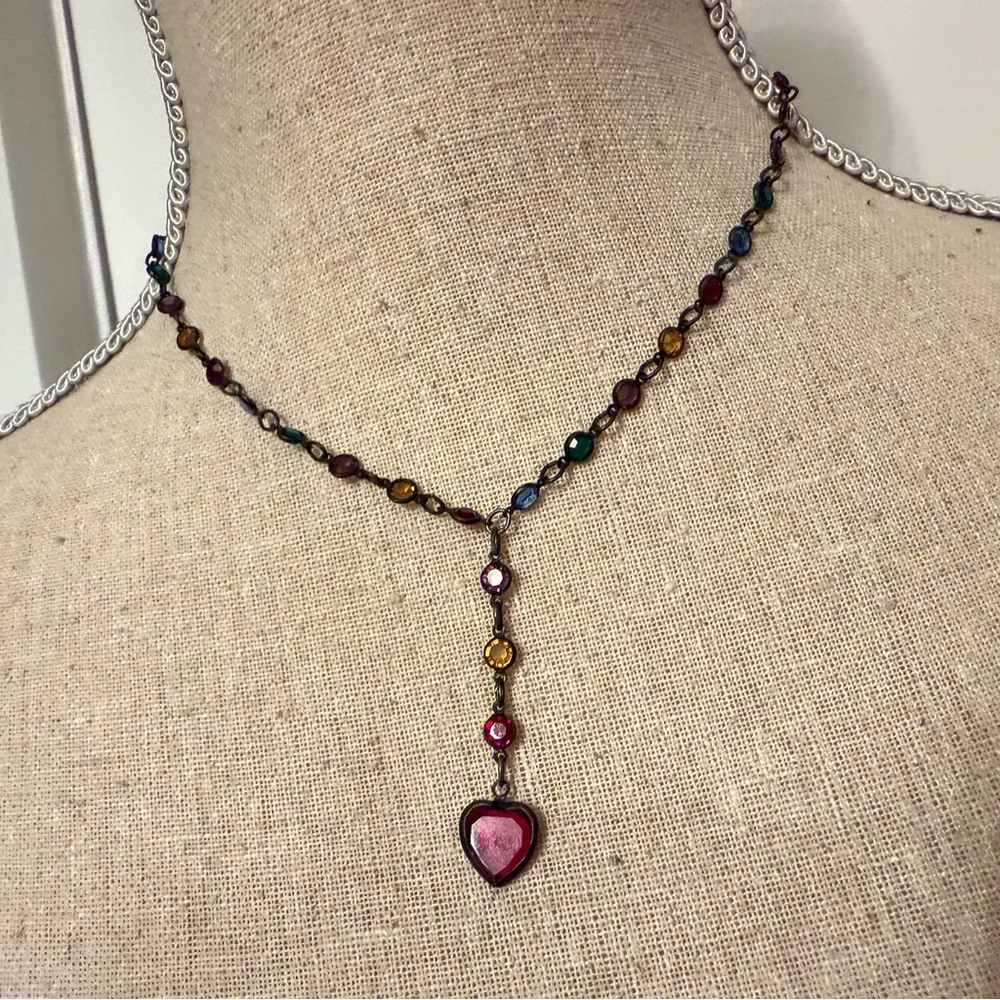 NECKLACE Y OXIDIZED BRONZE COLOR CHAIN WITH MULTI COLOR AUSTRIAN CRYSTALS USA